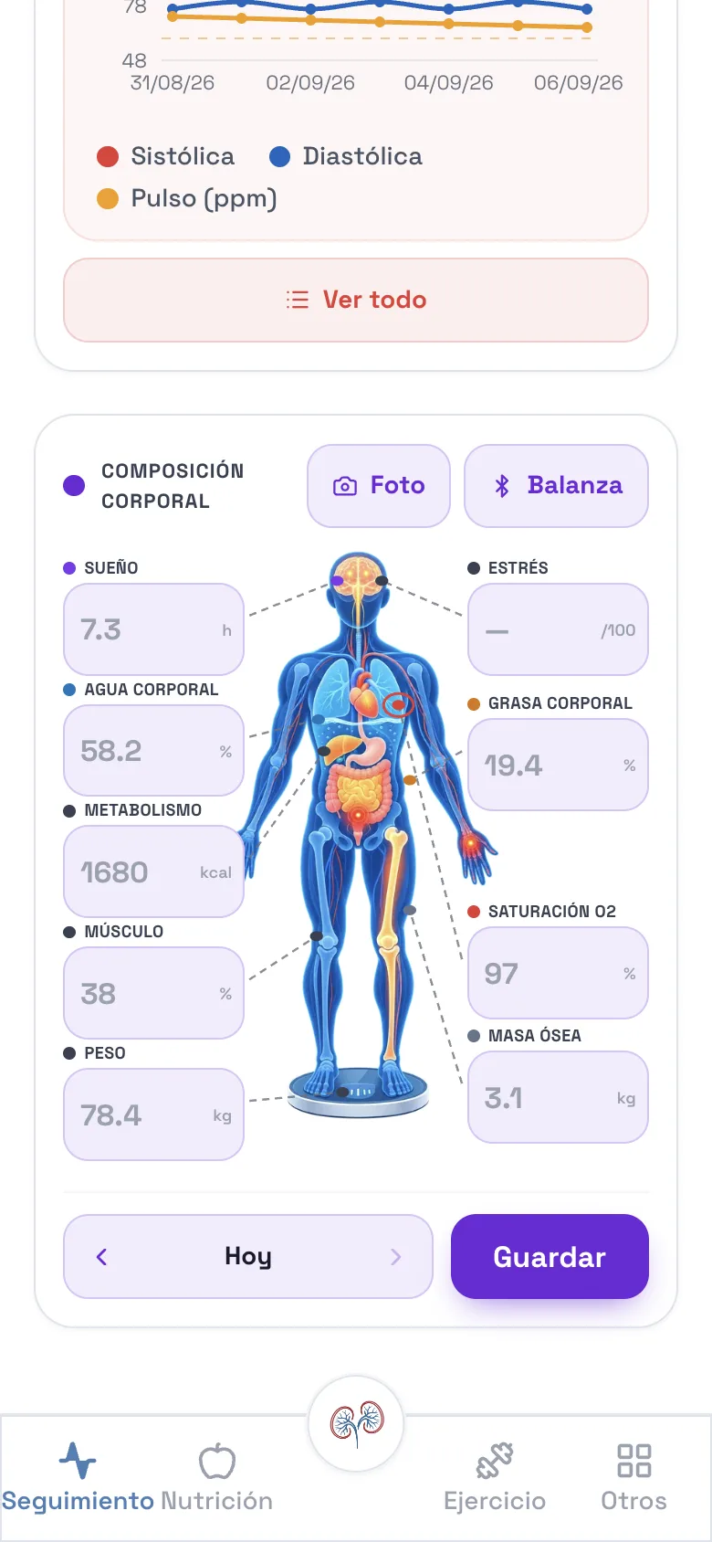Pantalla de composición corporal con la silueta humana y los valores de sueño, agua, grasa, músculo, peso y saturación